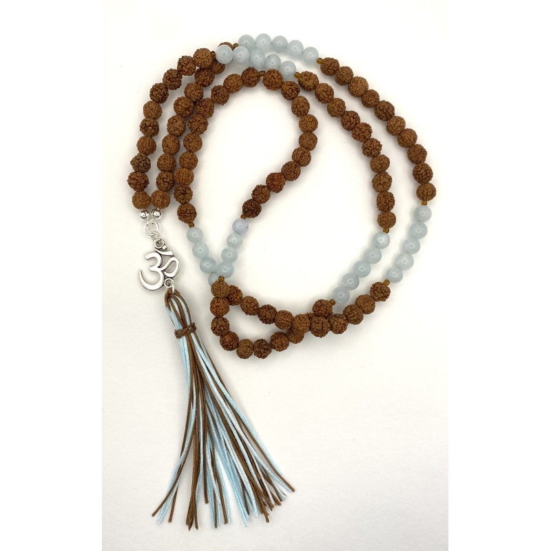 Mala aus Aquamarin und Rudraksha Perlen