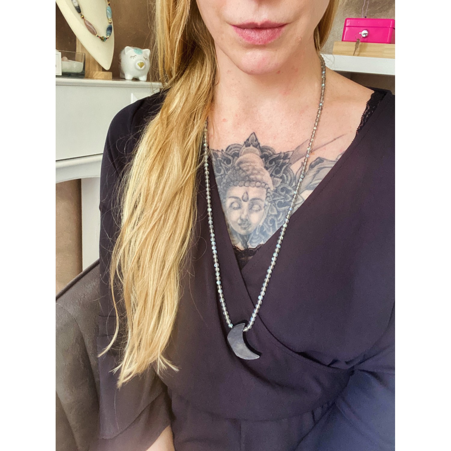 Labradorit Perlen Kette mit Schungit Mond